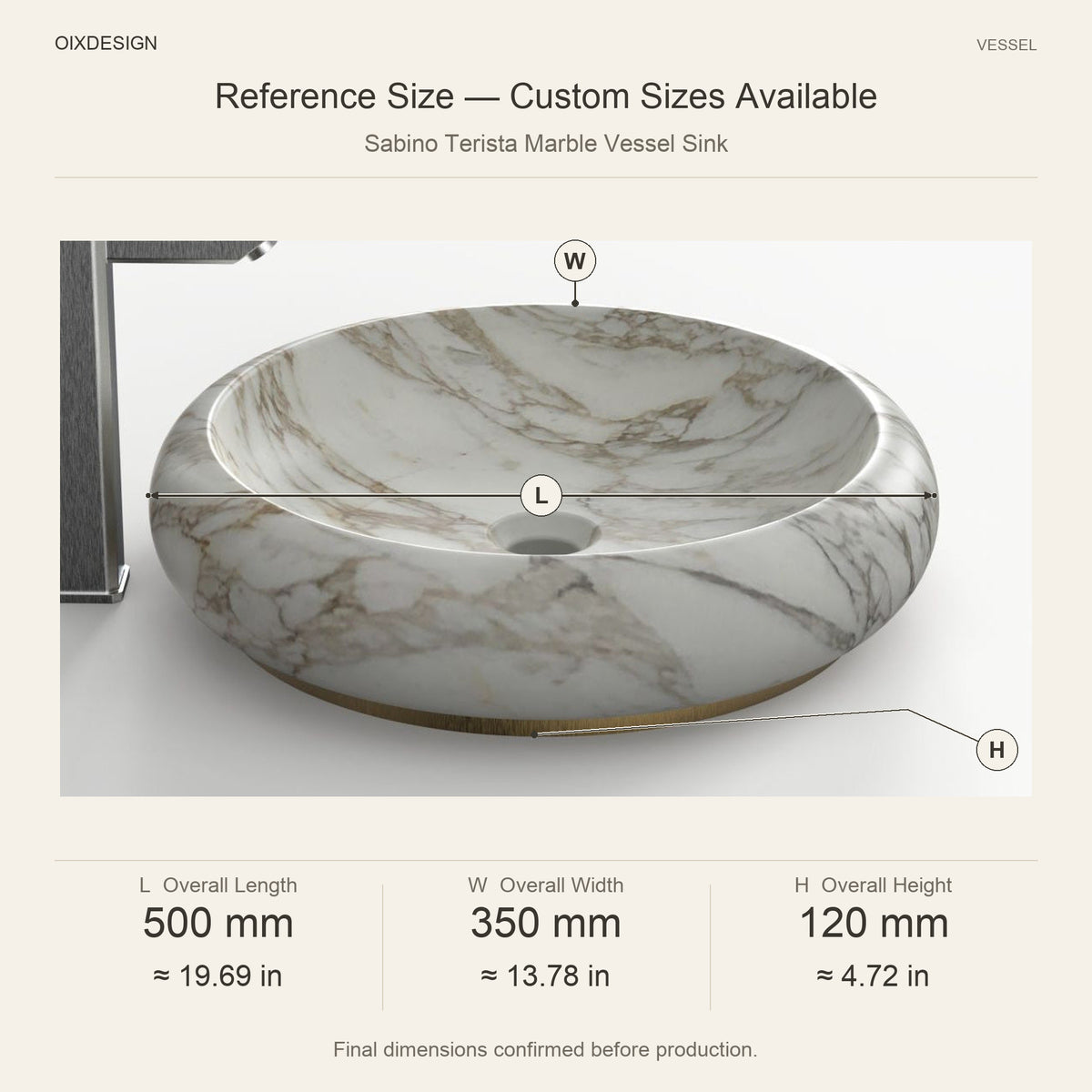 Sabino Terista Marble Vessel Sink reference overall dimensions in millimeters and inches