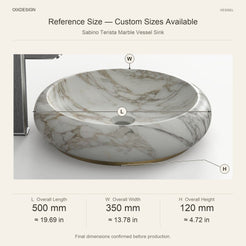 Sabino Terista Marble Vessel Sink reference overall dimensions in millimeters and inches