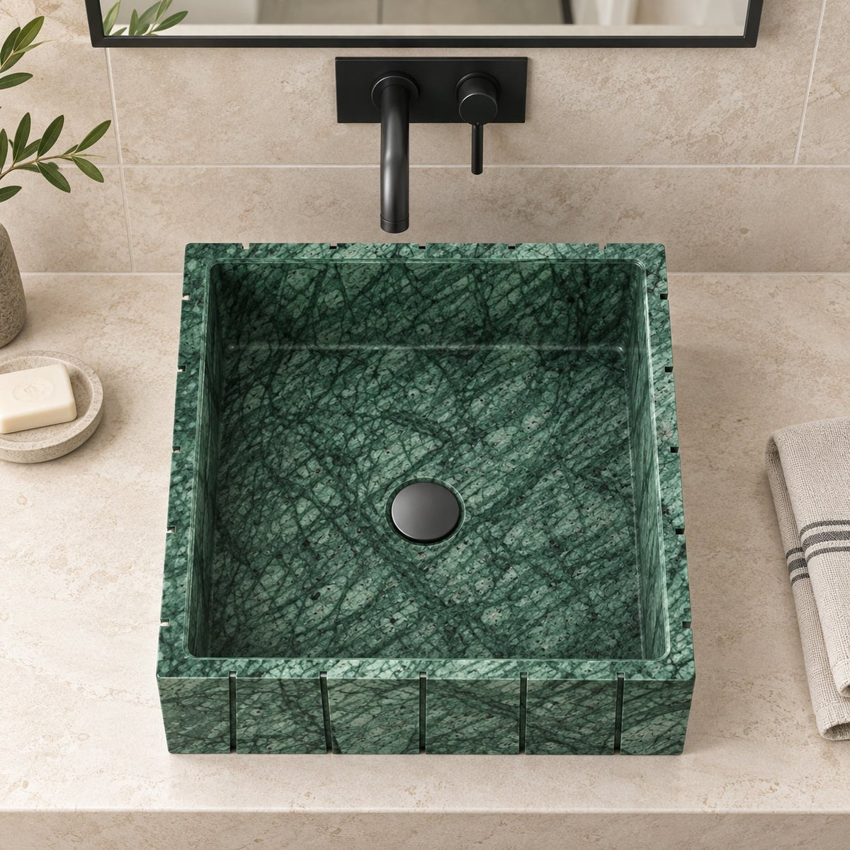 Sabira Tofino Marble Vessel Sink — overhead bathroom lifestyle