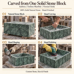Sabira Tofino Marble Vessel Sink carved from one solid stone block, showing manual hammer-and-chisel carving, hand shaping and hand polishing; custom stone, size and finish.