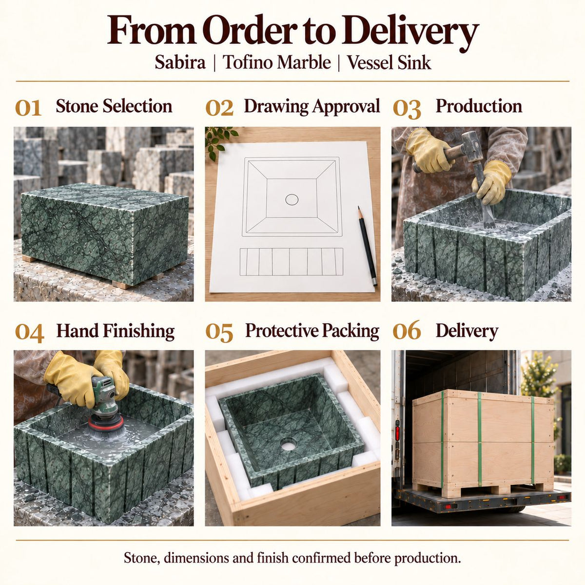 Sabira Tofino Marble Vessel Sink from order to delivery: material selection, drawing approval, production, hand finishing, protective foam packing in a plywood crate and delivery; specifications confirmed before production.