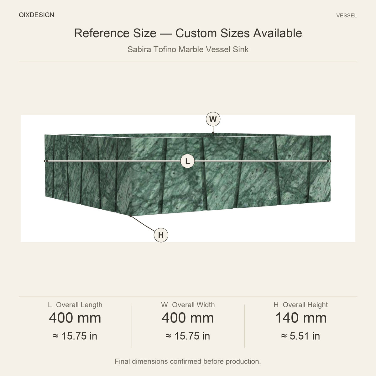 Sabira Tofino Marble Vessel Sink reference overall dimensions in millimeters and inches