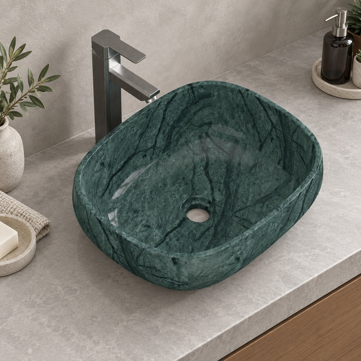 Sabiya Tofino marble basin from a high oblique angle on a grey counter