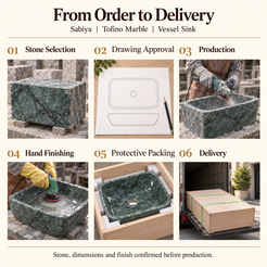 Sabiya Tofino Marble Vessel Sink from order to delivery: stone selection, drawing approval, production, hand finishing, foam protective packing in a plywood crate and delivery; stone, dimensions and finish confirmed before production.