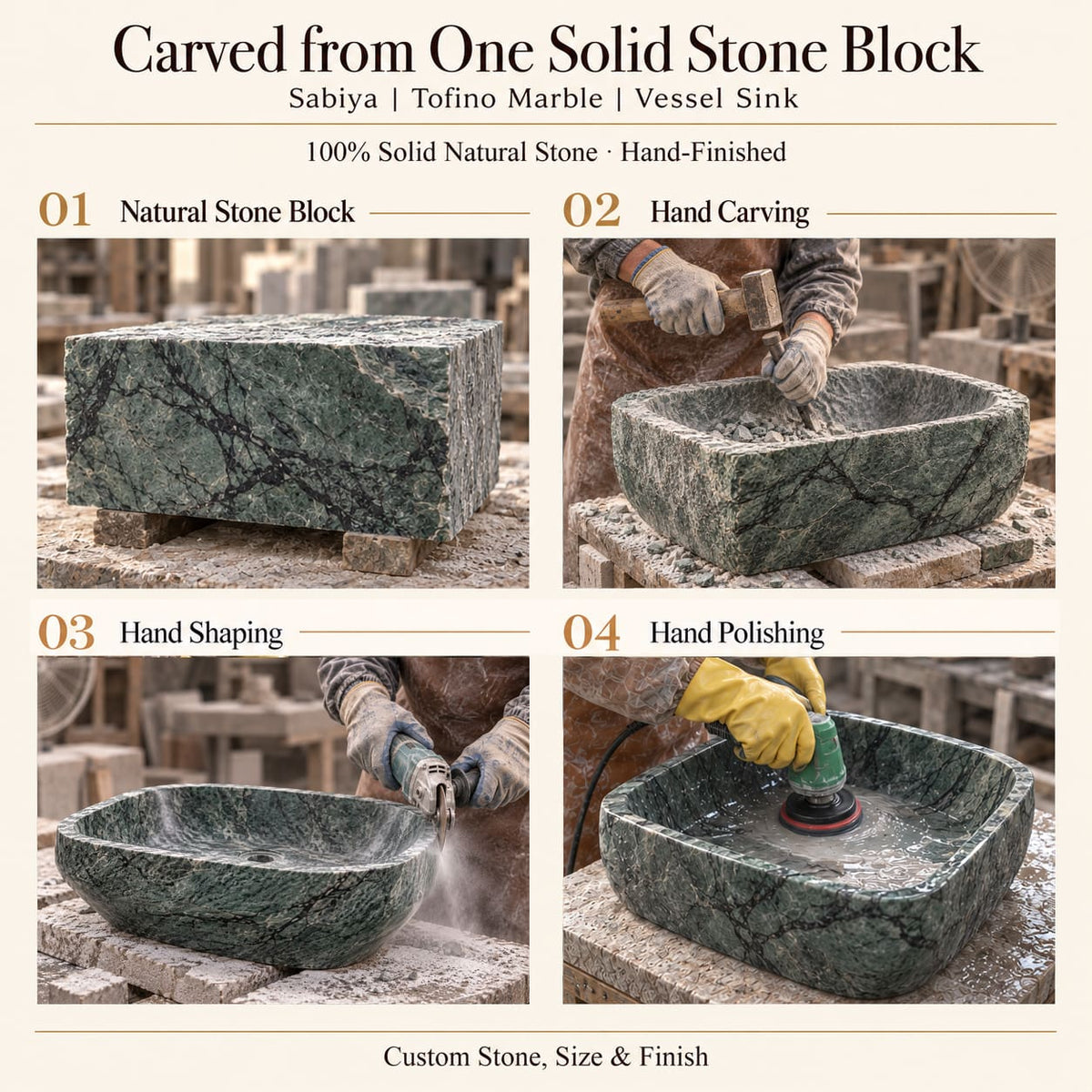 Sabiya Tofino Marble Vessel Sink carved from one solid stone block, showing manual hammer-and-chisel carving, hand shaping and hand polishing; custom stone, size and finish.
