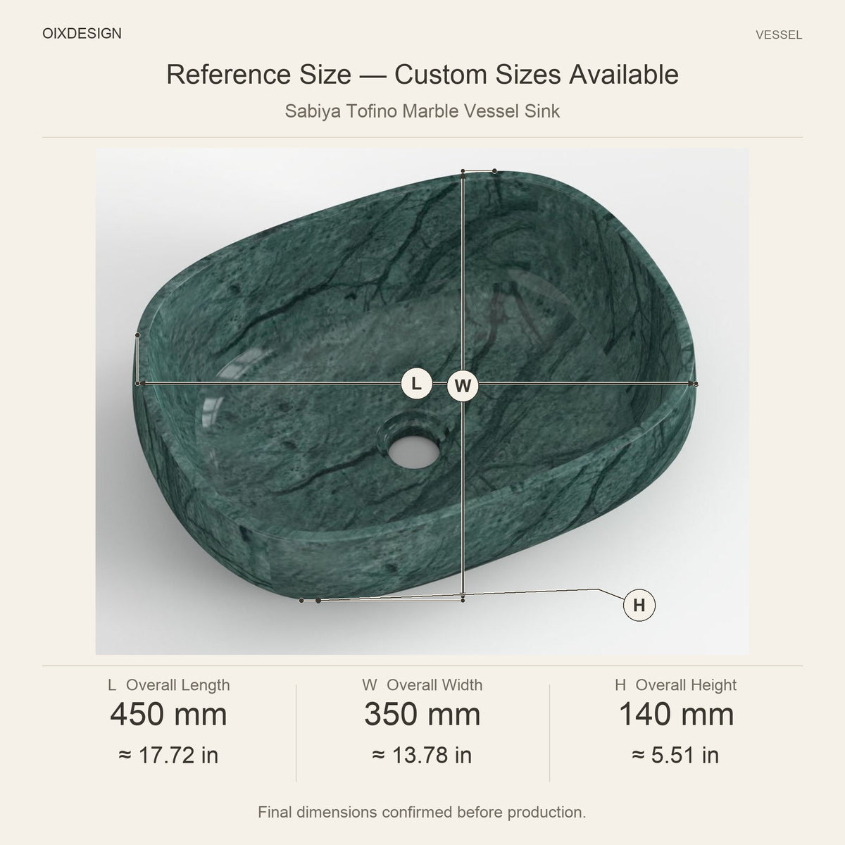 Sabiya Tofino Marble Vessel Sink reference overall dimensions in millimeters and inches