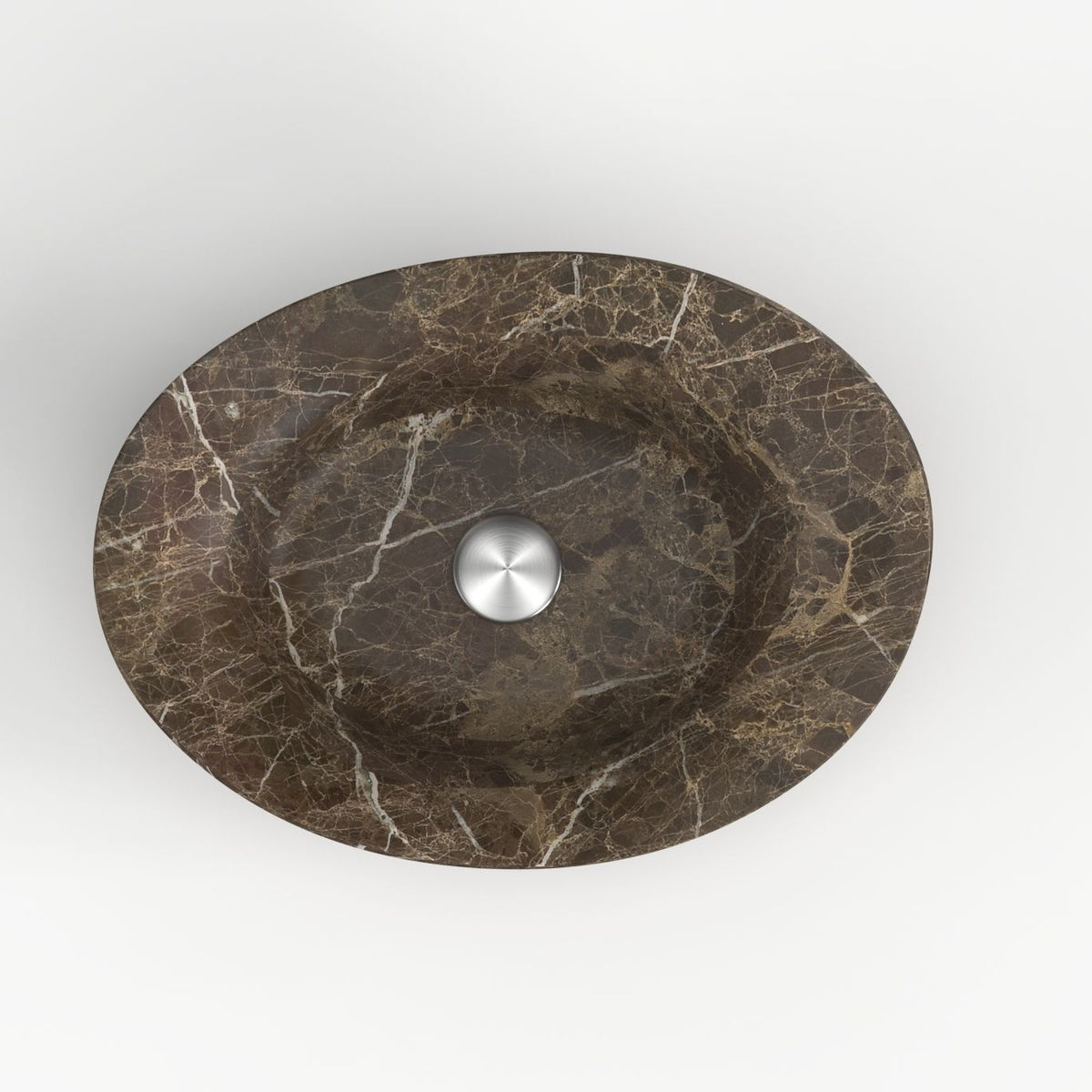 Sabria overhead view of brown marble veining and round drain detail