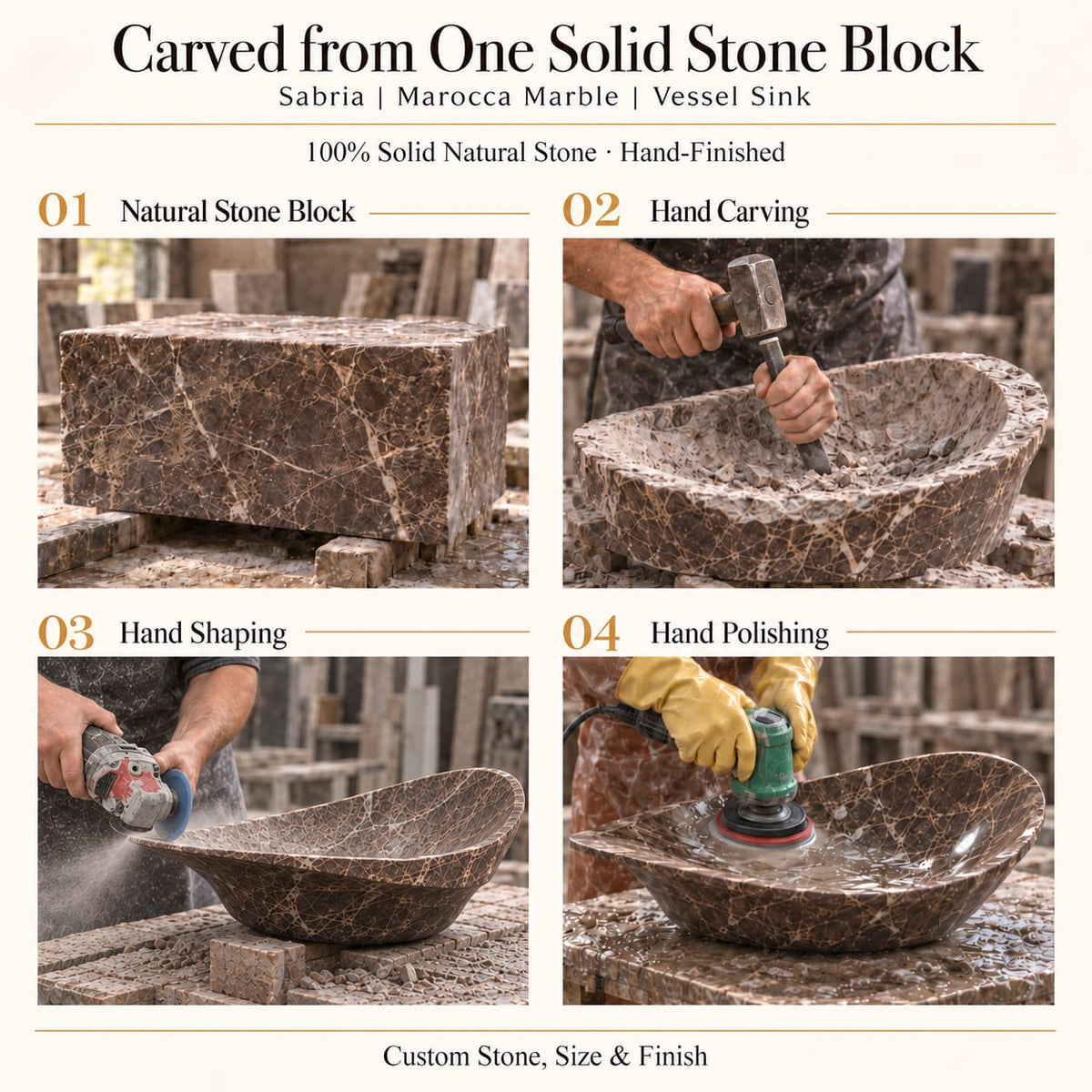 Sabria Marocca Marble Vessel Sink carved from one solid stone block, showing manual hammer-and-chisel carving, hand shaping and hand polishing; custom stone, size and finish.