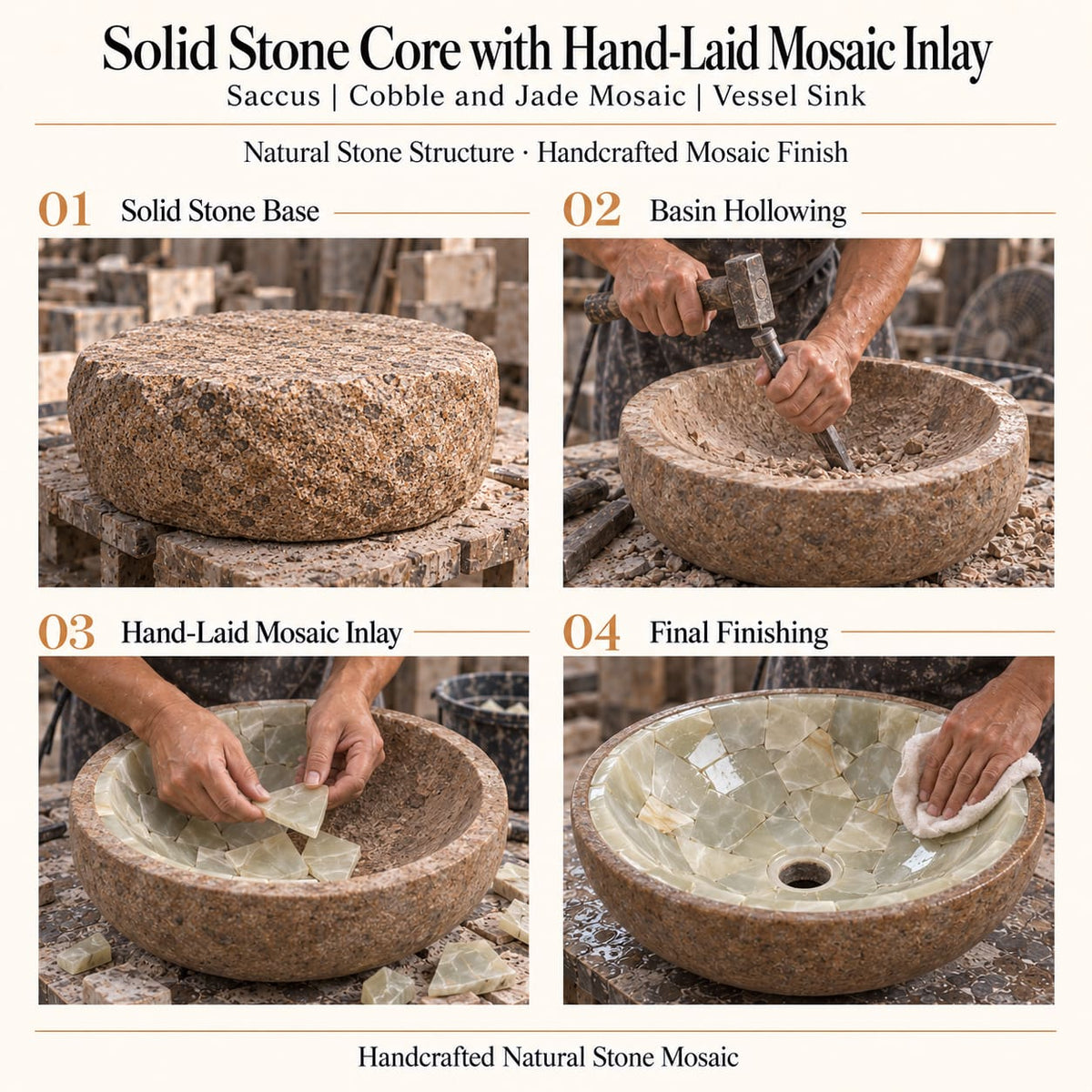 Saccus Cobble And Jade Mosaic Vessel Sink with a solid cobble stone core hollowed into a basin, hand-laid jade mosaic inside and careful final finishing.