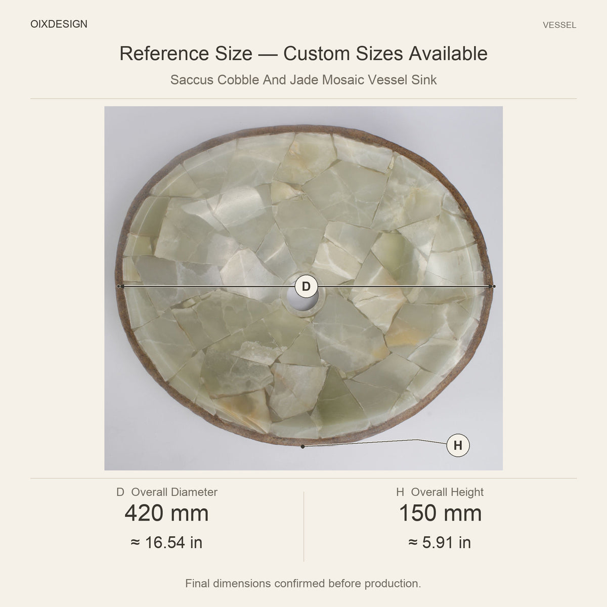 Saccus Cobble And Jade Mosaic Vessel Sink reference overall dimensions in millimeters and inches