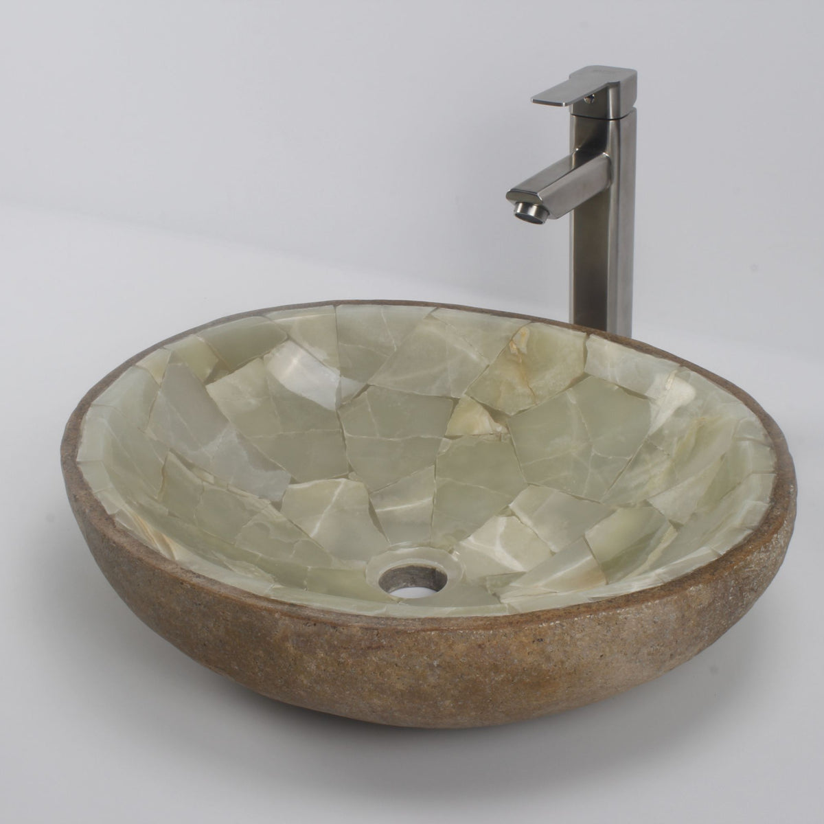 Saccus opposite oblique view of the mosaic bowl on the counter