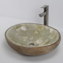 Saccus opposite oblique view of the mosaic bowl on the counter