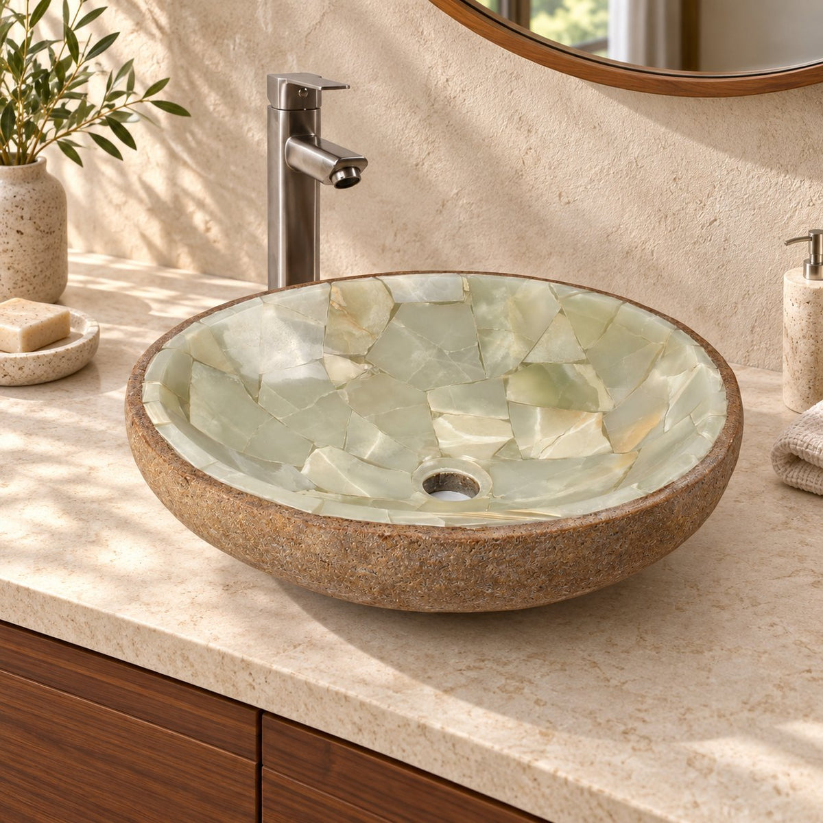 Illustrative three-quarter bathroom lifestyle of Saccus with pale jade mosaic interior and brown cobble stone exterior