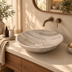 Sadika Travertino Argento vessel sink with stone drain cover in a warm ivory bathroom with walnut vanity