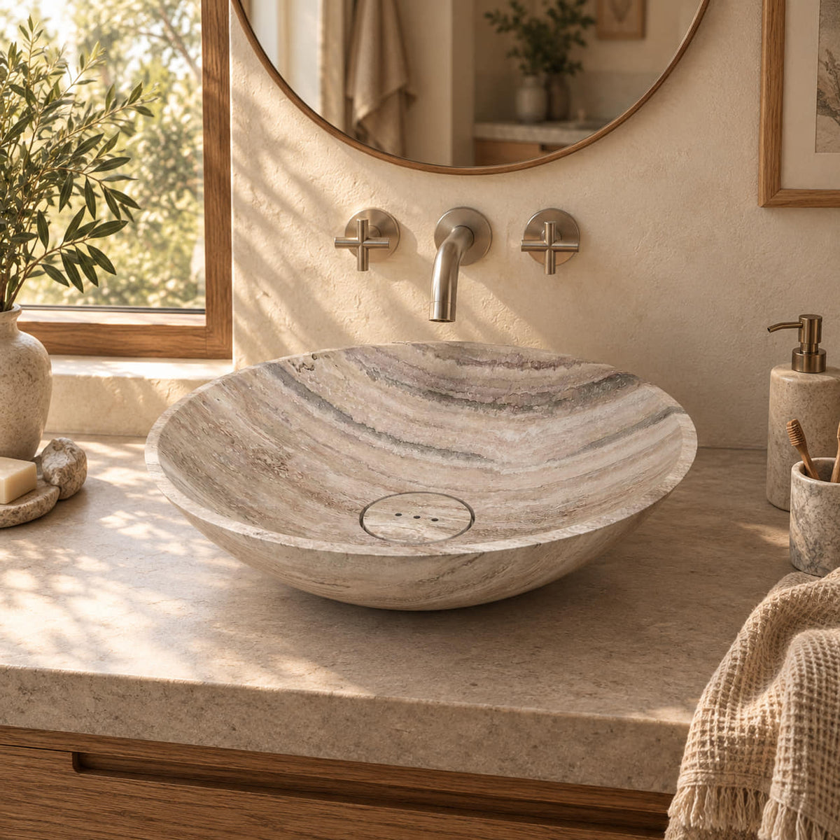 Sadika Travertino Argento vessel sink with three-hole stone drain cover in a sunlit cream bathroom