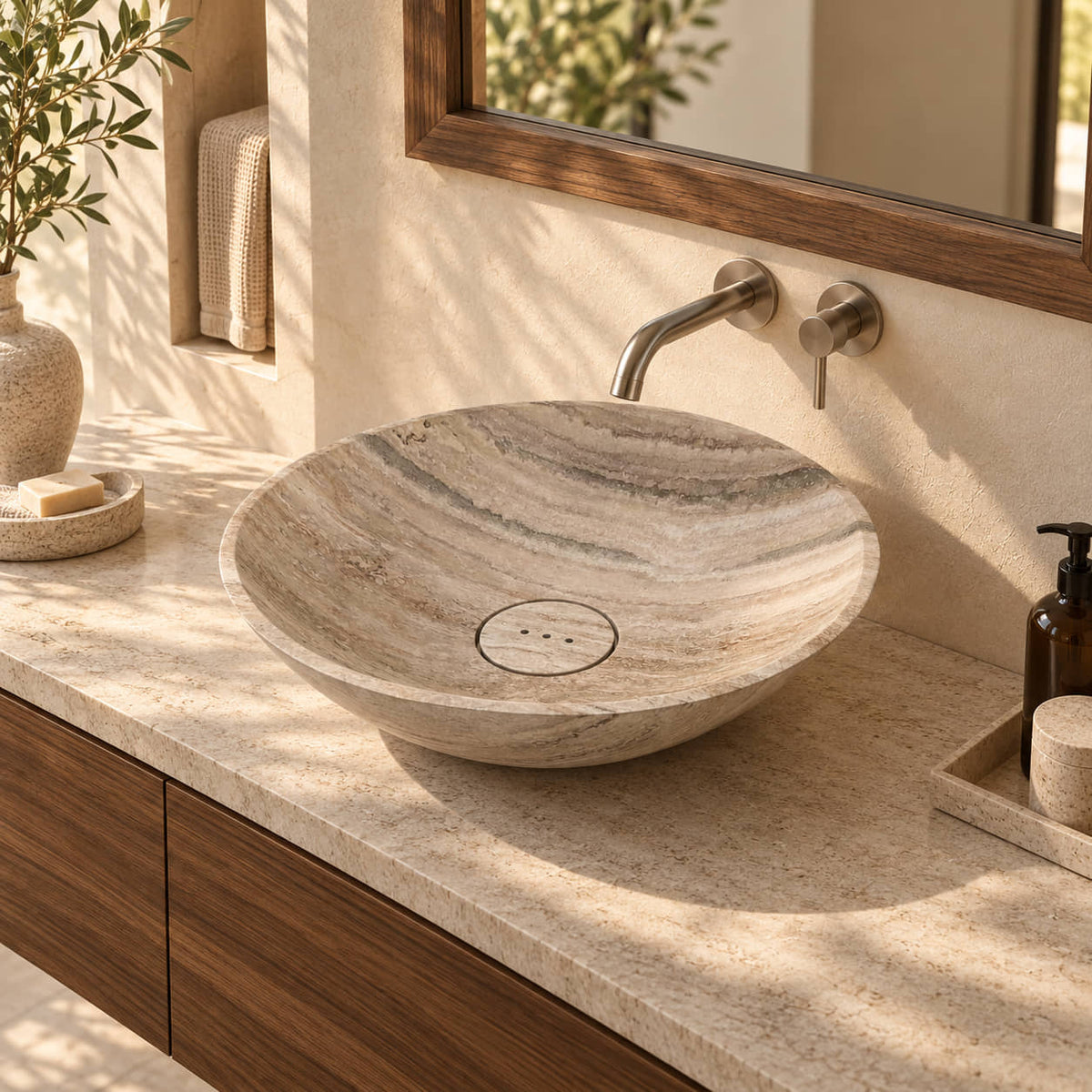 Sadika Travertino Argento vessel sink from an elevated angle in a warm walnut bathroom