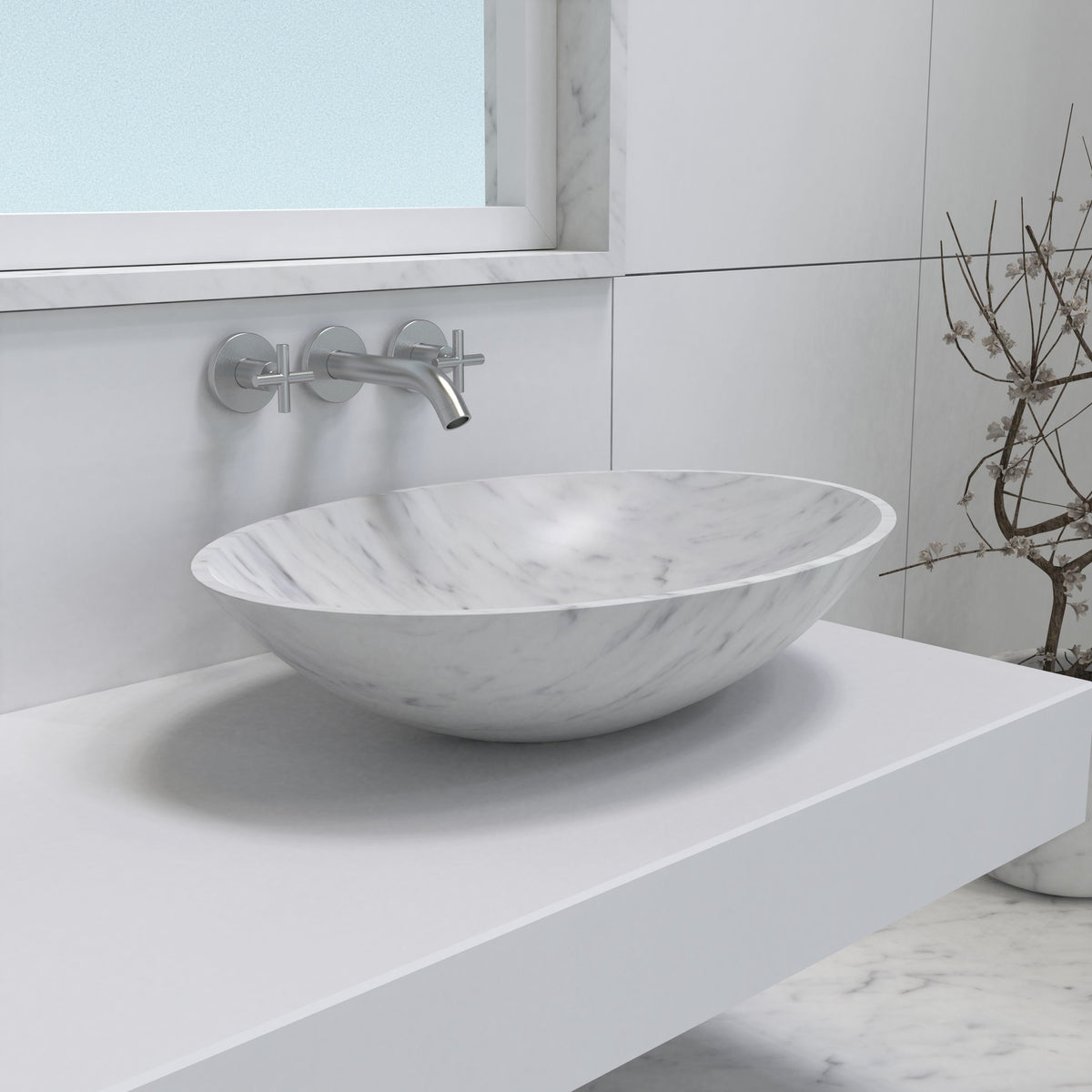 Sadiki Carrara Marble Vessel Sink, second countertop lifestyle setting