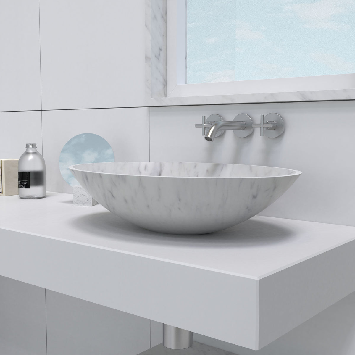 Sadiki Carrara Marble Vessel Sink, overall shape and side profile