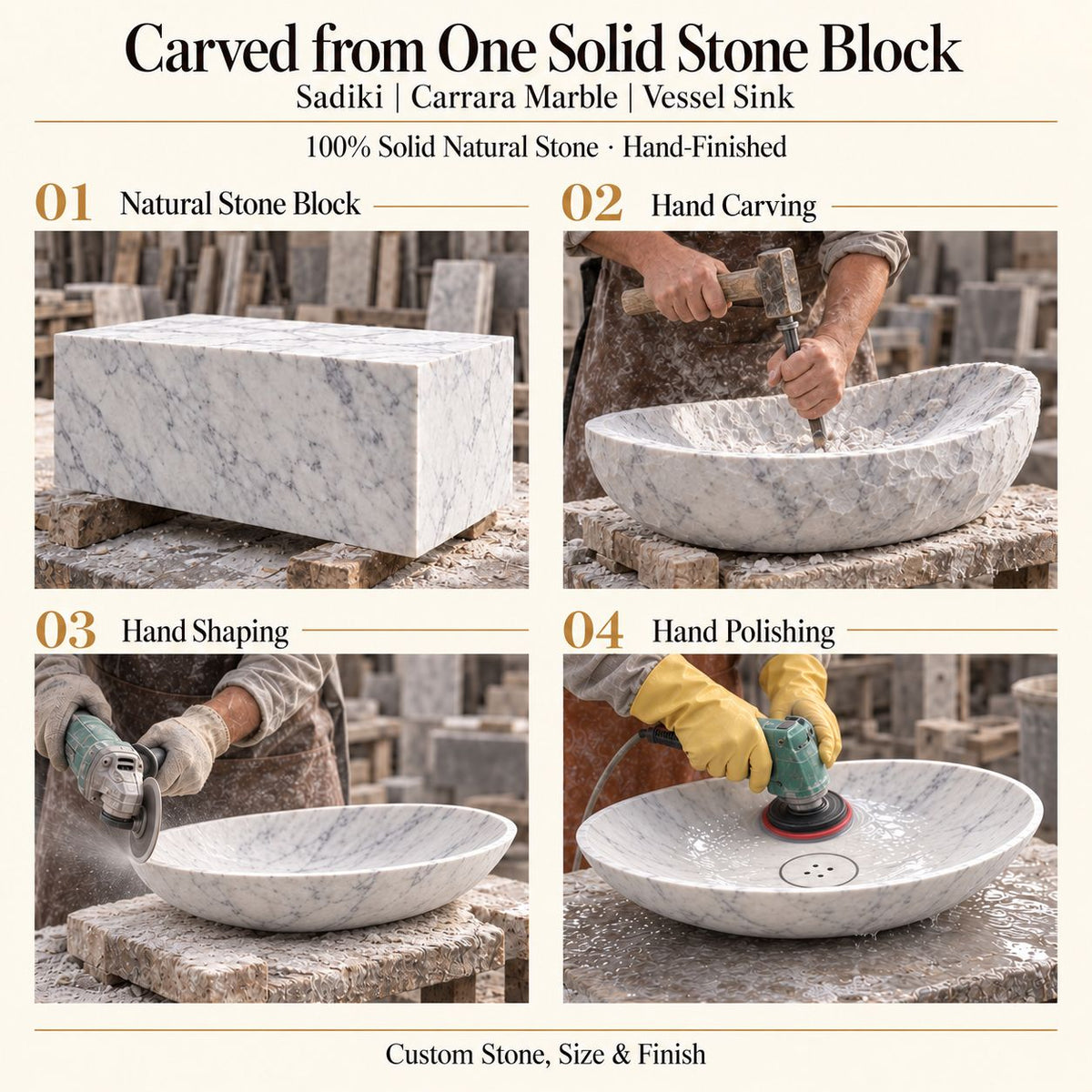 Sadiki Carrara Marble Vessel Sink carved from one solid stone block, showing manual hammer-and-chisel carving, hand shaping and hand polishing; custom stone, size and finish.