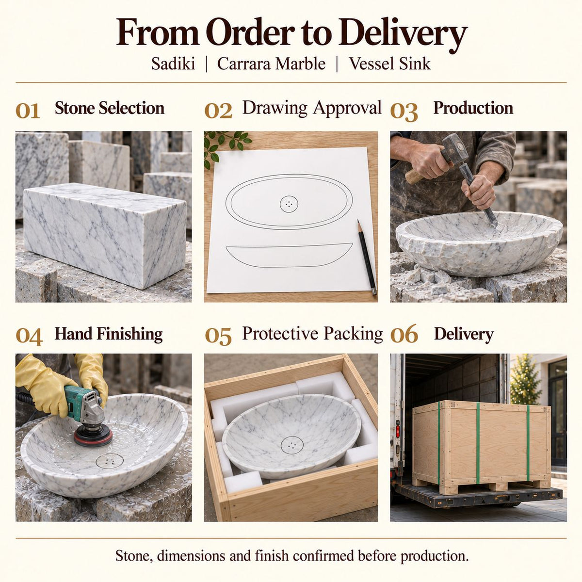 Sadiki Carrara Marble Vessel Sink from order to delivery: material selection, drawing approval, production, hand finishing, protective foam packing in a plywood crate and delivery; specifications confirmed before production.