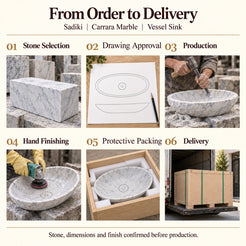 Sadiki Carrara Marble Vessel Sink from order to delivery: material selection, drawing approval, production, hand finishing, protective foam packing in a plywood crate and delivery; specifications confirmed before production.