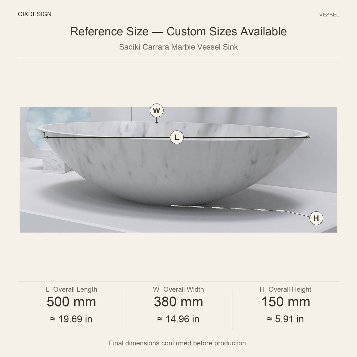Sadiki Carrara Marble Vessel Sink reference overall dimensions in millimeters and inches