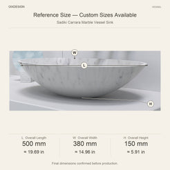 Sadiki Carrara Marble Vessel Sink reference overall dimensions in millimeters and inches