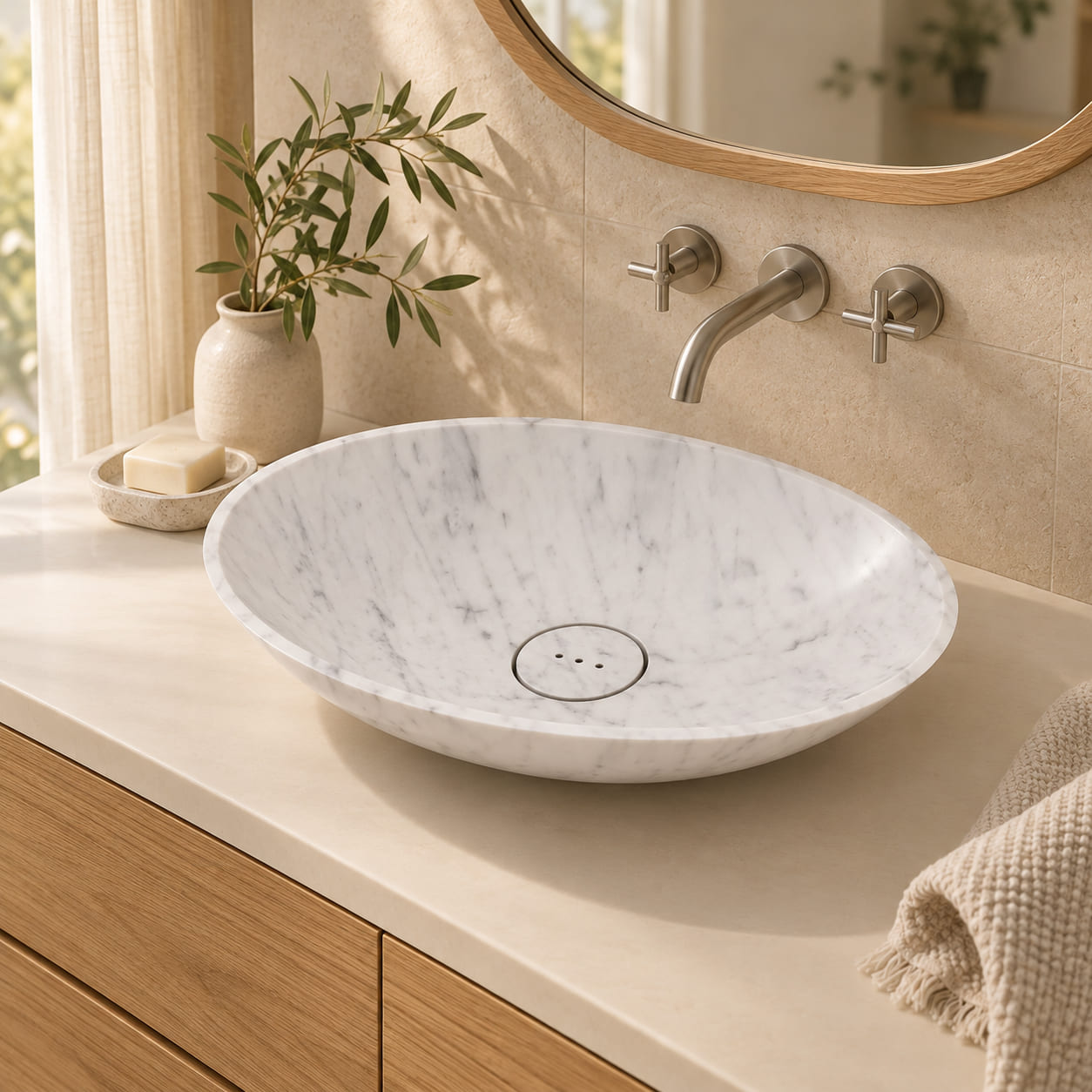 Sadiki Carrara marble oval vessel sink in a warm ivory bathroom with oak vanity