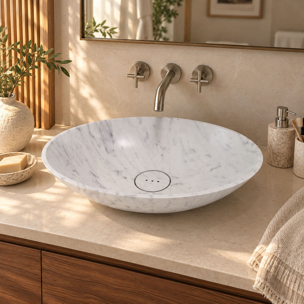 Sadiki Carrara marble oval vessel sink from the front in a sunlit beige and walnut bathroom