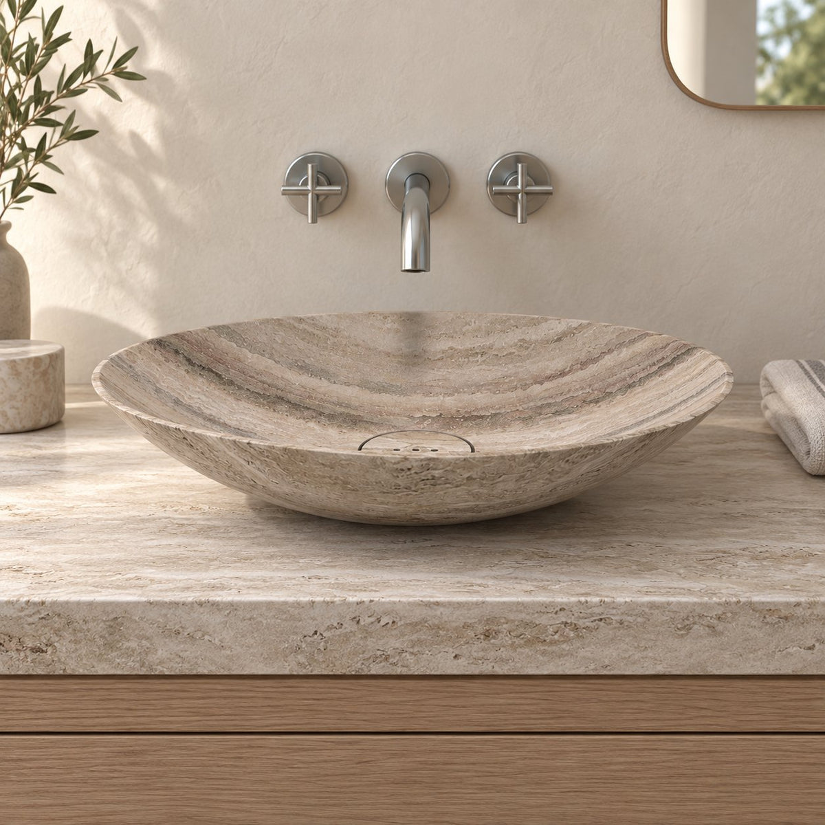 Sadiki Travertino Argento Travertine Vessel Sink — low frontal bathroom lifestyle