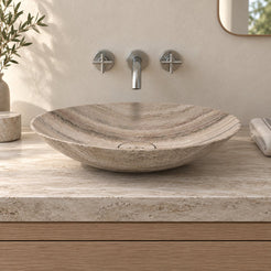 Sadiki Travertino Argento Travertine Vessel Sink — low frontal bathroom lifestyle