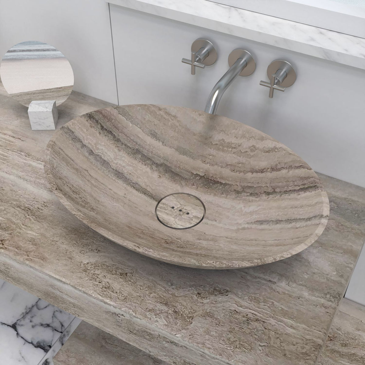 Sadiki Travertino Argento Travertine Vessel Sink, countertop hero lifestyle view