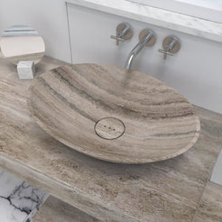 Sadiki Travertino Argento Travertine Vessel Sink, countertop hero lifestyle view