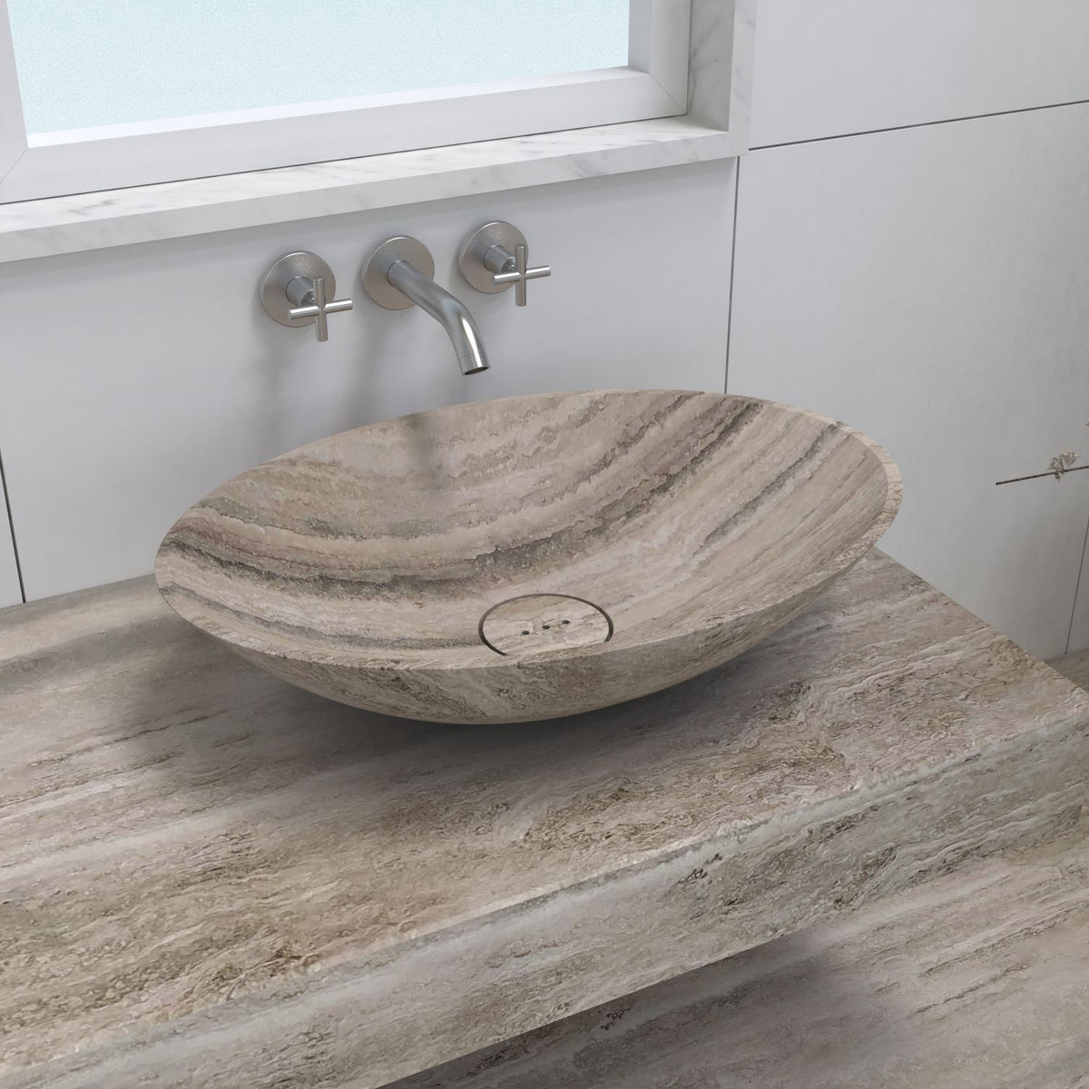 Sadiki Travertino Argento Travertine Vessel Sink, second countertop lifestyle setting