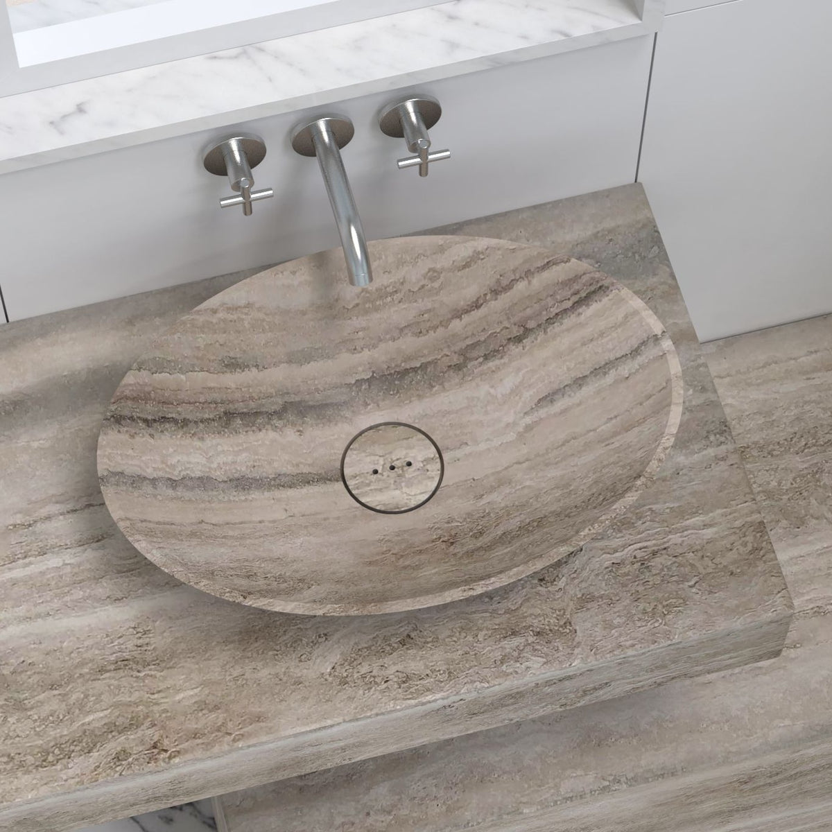 Sadiki Travertino Argento Travertine Vessel Sink, interior, rim and material detail