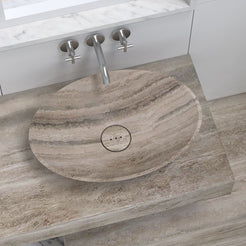 Sadiki Travertino Argento Travertine Vessel Sink, interior, rim and material detail