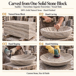 Sadiki Travertino Argento Travertine Vessel Sink carved from one solid stone block, showing manual hammer-and-chisel carving, hand shaping and hand polishing; custom stone, size and finish.