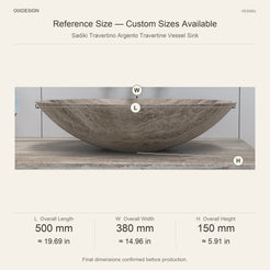 Sadiki Travertino Argento Travertine Vessel Sink reference overall dimensions in millimeters and inches