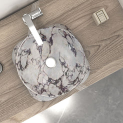 Safira overhead view of the Calacatta basin and wood countertop