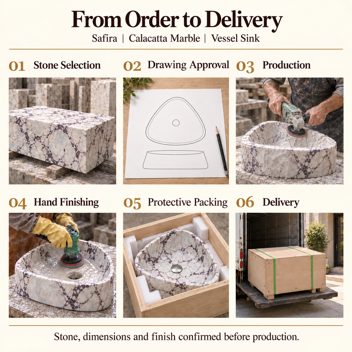 Safira Calacatta Marble Vessel Sink from order to delivery: stone selection, drawing approval, production, hand finishing, foam protective packing in a plywood crate and delivery; stone, dimensions and finish confirmed before production.