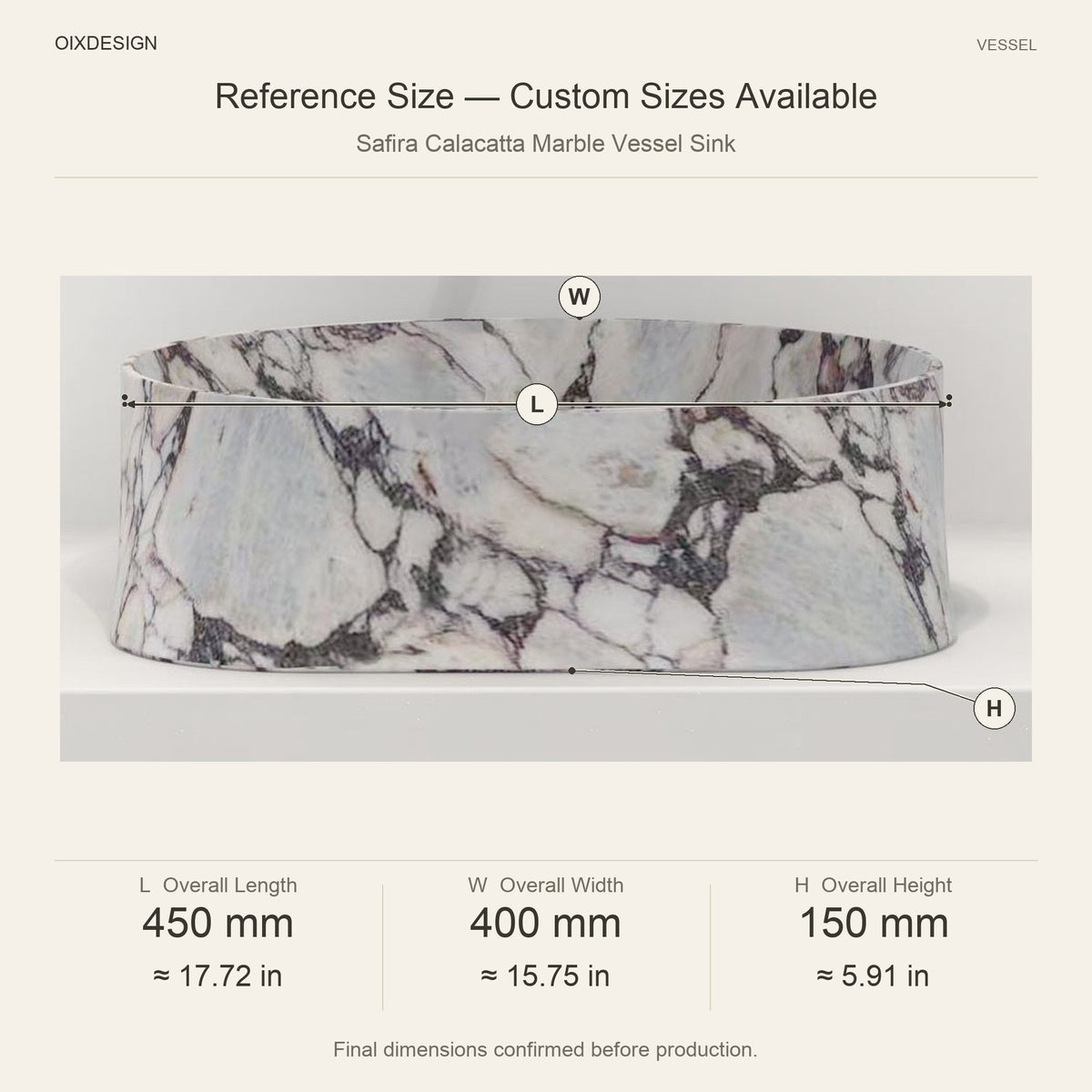 Safira Calacatta Marble Vessel Sink reference overall dimensions in millimeters and inches