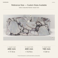 Safira Calacatta Marble Vessel Sink reference overall dimensions in millimeters and inches