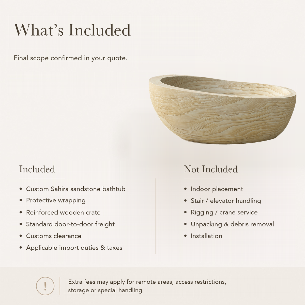 Sahira Raised-End Oval Freestanding Soaking Bathtub – Natural Sandstone — What’s Included in the Reference Price.