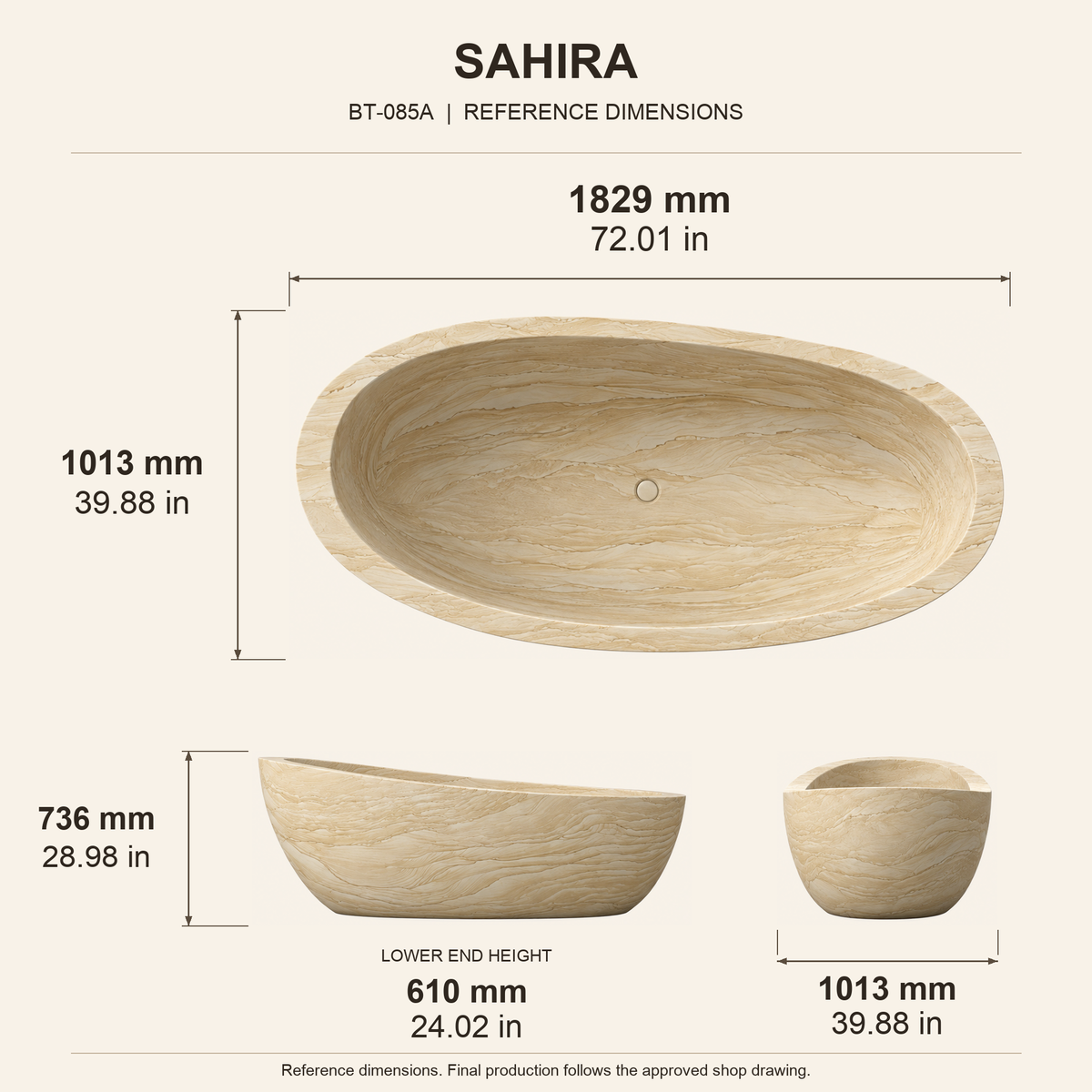 Sahira Raised-End Oval Freestanding Soaking Bathtub – Natural Sandstone reference dimension drawing with top, long-side and short-end views, measurements in millimetres and inches.