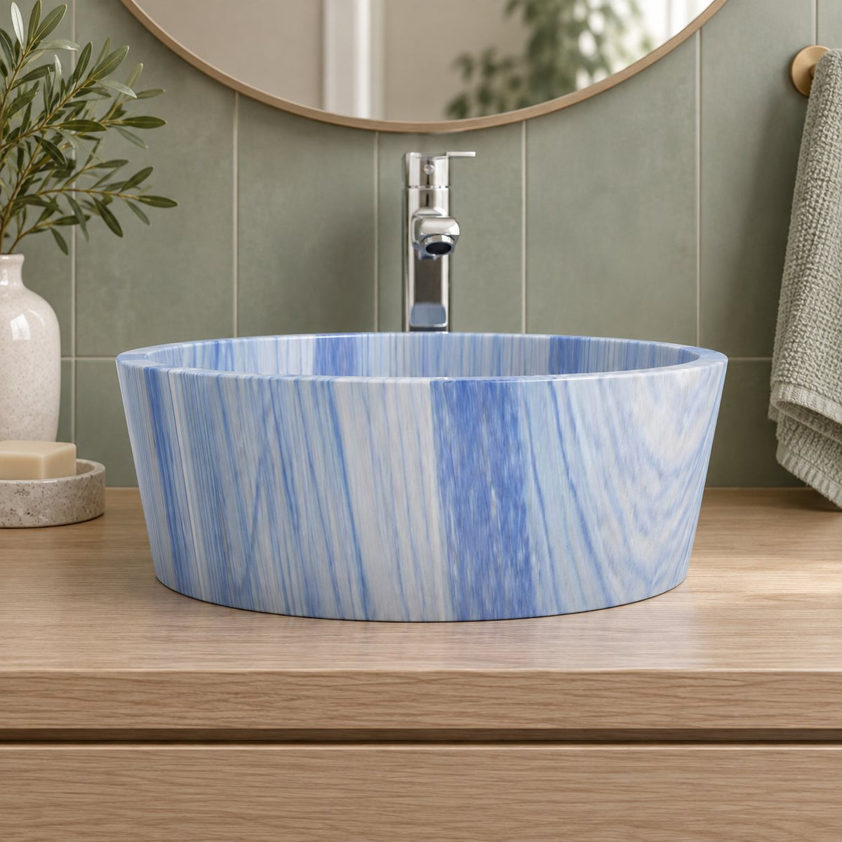 Sauri Azura Blue Quartzite Vessel Sink — low frontal bathroom lifestyle