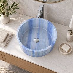 Sauri Azura Blue Quartzite Vessel Sink — overhead bathroom lifestyle