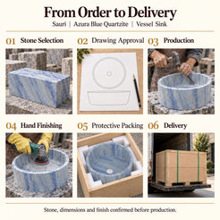Sauri Azura Blue Quartzite Vessel Sink from order to delivery: material selection, drawing approval, production, hand finishing, protective foam packing in a plywood crate and delivery; specifications confirmed before production.