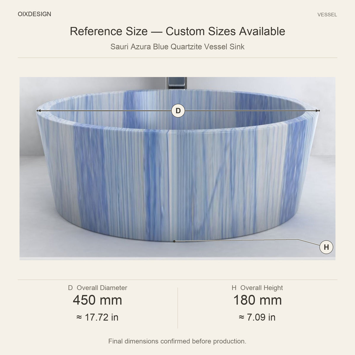 Sauri Azura Blue Quartzite Vessel Sink reference overall dimensions in millimeters and inches