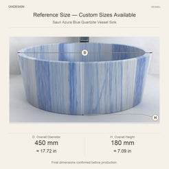 Sauri Azura Blue Quartzite Vessel Sink reference overall dimensions in millimeters and inches