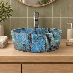 Sauri Danube Blue Quartzite Vessel Sink — low frontal bathroom lifestyle